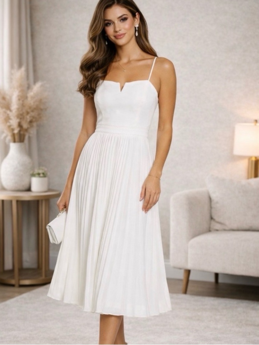 Adelyn Rae Cream Pleated Spaghetti-Strap Midi Dress